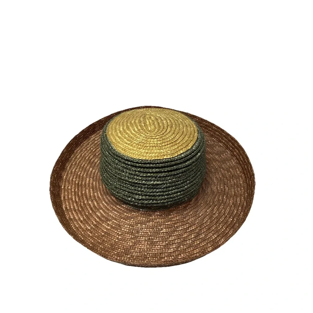 Vintage Boater Tri-color Green Natural And Rusty Brown Straw Hat Vinacci
